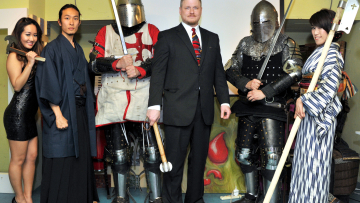 Japan Armored Battle League, Jay Noyes (fourth from left), CEO of JABL, Armors, and assistants opening ceremony, at Roppongi, The Pink Cow on Feb. 9, 2014. Gakugei-bu Hongo reports. YOSHIAKI MIURA PHOTO