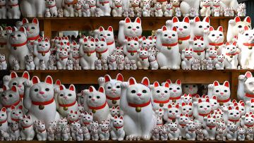 Patung Maneki-Neko yang memenuhi rak kuil (GaijinPot). Patung Maneki-Neko yang memenuhi rak kuil (GaijinPot).