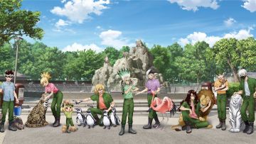 Ilustrasi yang menampilkan para karakter anime Dr. Stone dengan para hewan di Kebun Binatang Tobu Ilustrasi yang menampilkan para karakter anime Dr. Stone dengan para hewan di Kebun Binatang Tobu