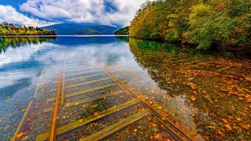 Pemandangan rel kereta yang tenggelam di Danau Shikaribetsu Pemandangan rel kereta yang tenggelam di Danau Shikaribetsu