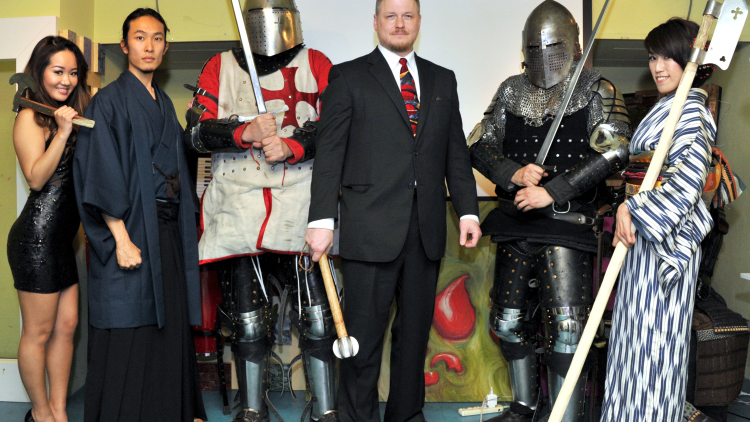 Japan Armored Battle League, Jay Noyes (fourth from left), CEO of JABL, Armors, and assistants opening ceremony, at Roppongi, The Pink Cow on Feb. 9, 2014. Gakugei-bu Hongo reports. YOSHIAKI MIURA PHOTO