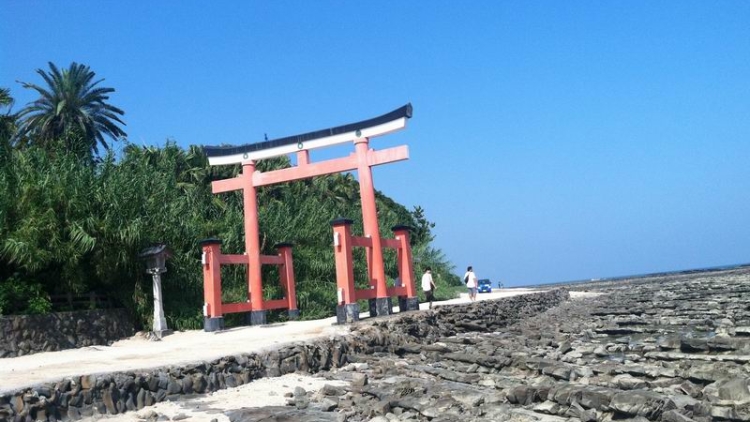 Torii Kuil Aoshima dilihat dari karang di sekeliling pulau Torii Kuil Aoshima dilihat dari karang di sekeliling pulau