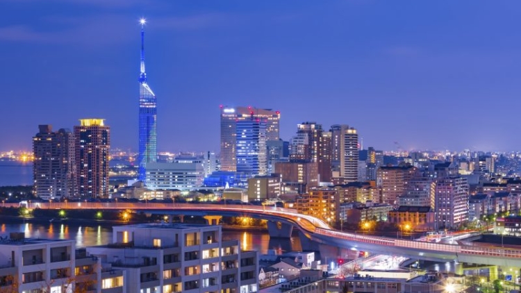 The cityscape of Hakata at twilight in Fukuoka, Japan The cityscape of Hakata at twilight in Fukuoka, Japan