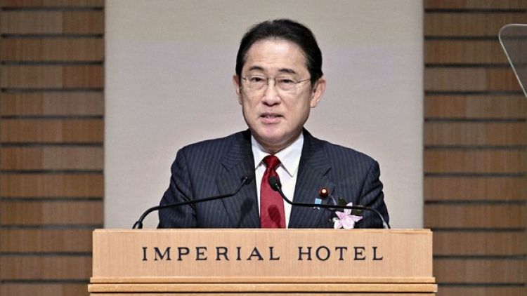 Fumio Kishida saat menyampaikan pidatonya Kamis (23/05) lalu (Kyodo News).