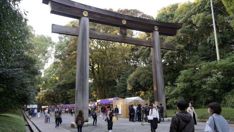 Gerbang torii di Kuil Meiji Jingu tempat ditemukannya ukiran huruf latin pada 11 November