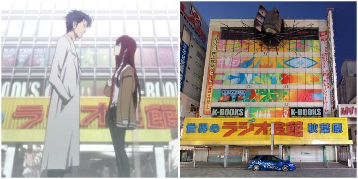 Kurisu dan Rintarou dalam anime Steins Gate dan Radio Kaikan di Akihabara
