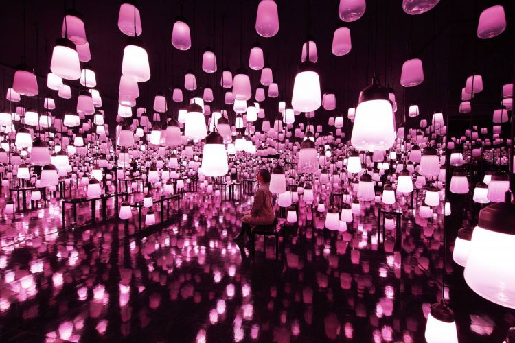 Instalasi Forest and Spiral of Resonating Lamps - One Stroke, Cherry Blossoms (teamLab).