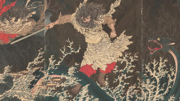 Lukisan kuno Susanoo membunuh Yamata no Orochi.