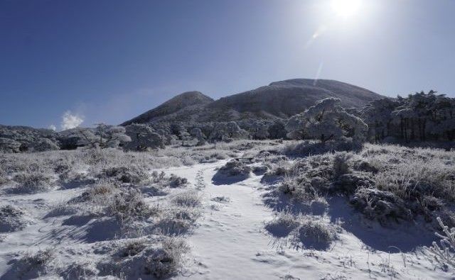 Dataran tinggi Ebino yang diselimuti salju saat musim dingin