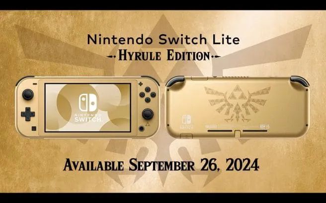 Switch Lite berwarna emas dengan lambang Hylian (Nintendo)