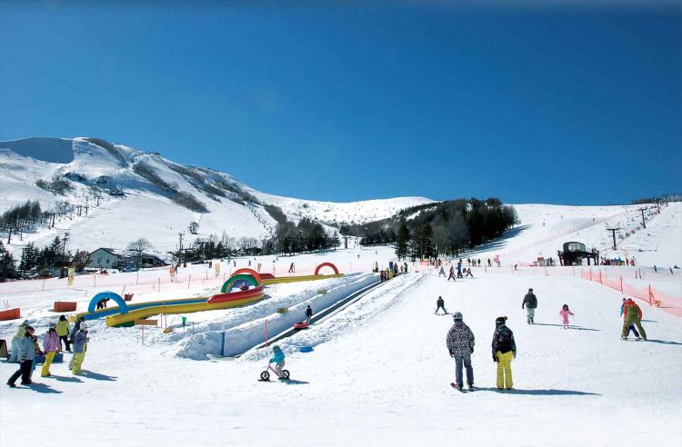 Pengunjung bermain ski di dataran tinggi Kurumayama